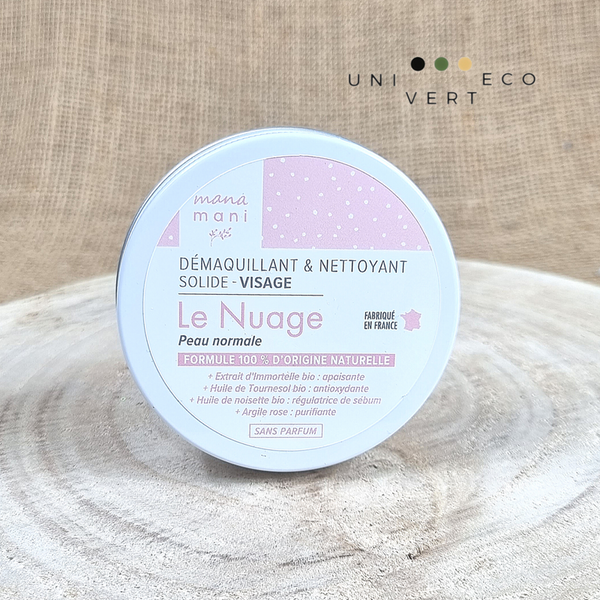 Fabriqué en France, démaquillant nettoyant solide nuage prend soin de nos peaux, durable, économique, écologique, agréable et doux ne pique pas les yeux.  Il vient compléter votre routine zéro déchet dans votre salle de bain et lors de vos voyage. Il est efficace même sur du maquillage waterproof.  Formulé sous contrôle dermatologique, le démaquillant solide a une composition 100% d'origine naturelle. Bio